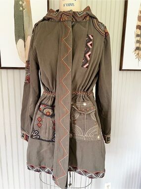 Woman’s Embroidered & Beaded Boho Army Green Long Utility Jacket